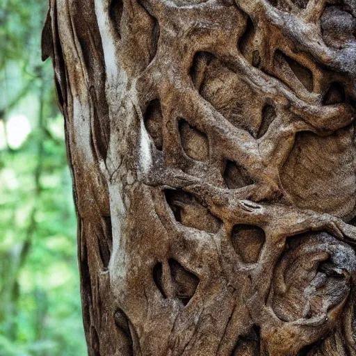 Prompt: a young hiker accidentally carves his name into the bark at the base of a gigantic ancient tree ent creature's leg, which looks down at him from high above angrily, trending on artstation hyperreal - h 1 0 2 4