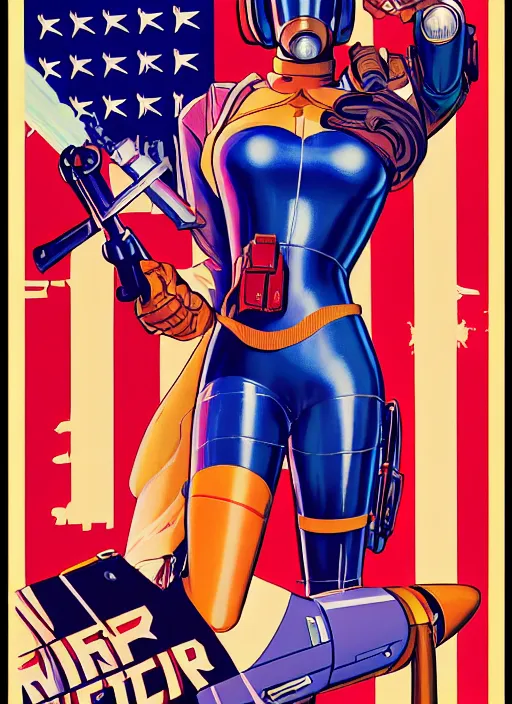 Image similar to american propaganda poster. powerful cyberpunk pilot. portrait by jean giraud and anton otto fischer and john philip falter and will eisner and gil elvgren and pixar. full body. realistic proportions. science fiction d & d. overwatch, rb 6 s, cyberpunk 2 0 7 7, blade runner 2 0 4 9. cel shading. thick lines.