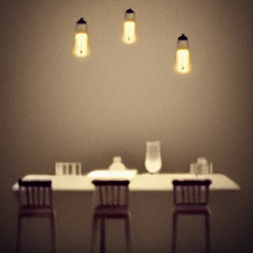 Prompt: a light bulb over a dinner table with a full miniature universe inside it, digital art