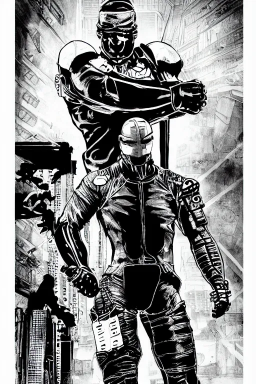 Image similar to cyborg ninja standing heroically, a page from cyberpunk 2 0 2 0, style of paolo parente, style of mike jackson, adam smasher, johnny silverhand, 1 9 9 0 s comic book style, white background, ink drawing, black and white