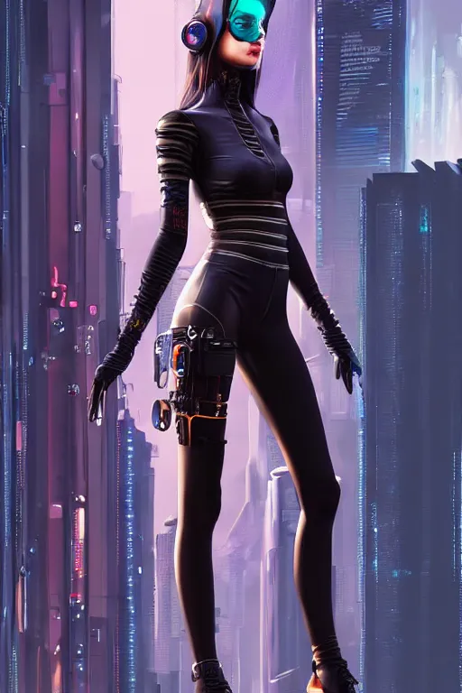 Prompt: full body photo of a gorgeous young woman wearing a cyberpunk outfit in the style of stefan kostic, realistic, sharp focus, 8k high definition, insanely detailed, intricate, elegant, art by stanley lau and artgerm