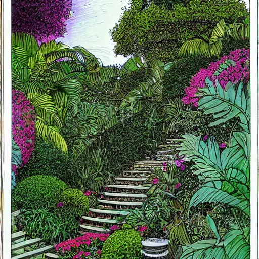 Image similar to old white house stairs into colorful lush garden, drawing moebius