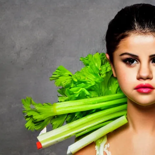 Image similar to selena gomez made out of celery, a human face with celery for hair, celery in the shape of a human face, a bunch of celery sitting on a cutting board, professional food photography