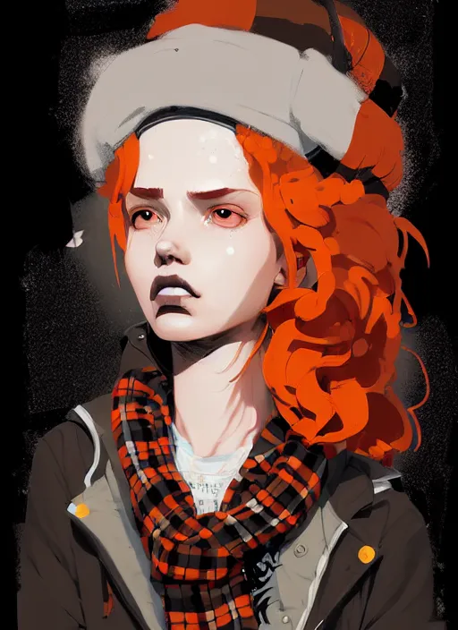 Image similar to highly detailed portrait of a sewer punk lady student, beanie, tartan scarf, curly blonde hair by atey ghailan, by greg rutkowski, by greg tocchini, by james gilleard, by joe fenton, by kaethe butcher, gradient, orange, black, brown and cream color scheme, grunge aesthetic!!! white graffiti tag wall background