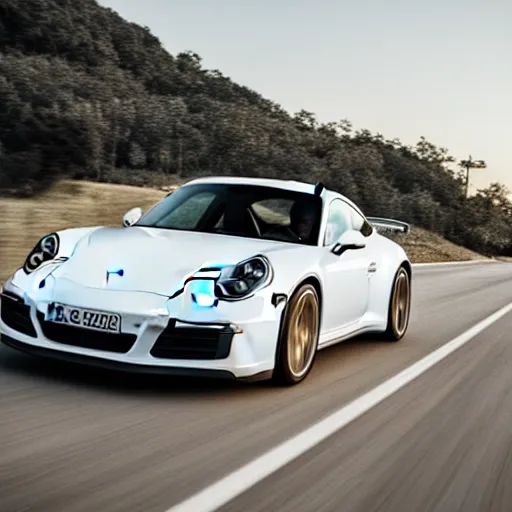 Prompt: “white 2018 porsche 911 racing down a highway, golden hour photograph, car photography, 4k professional photo”