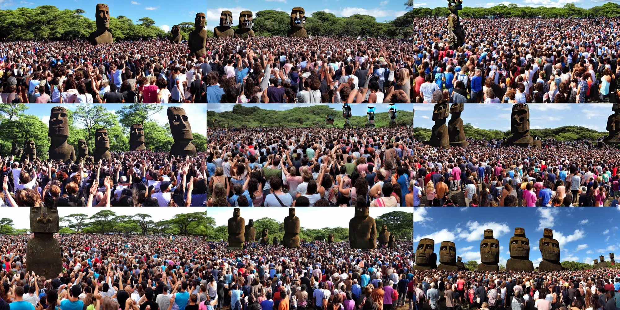 Prompt: a large crowd worshipping a moai statue
