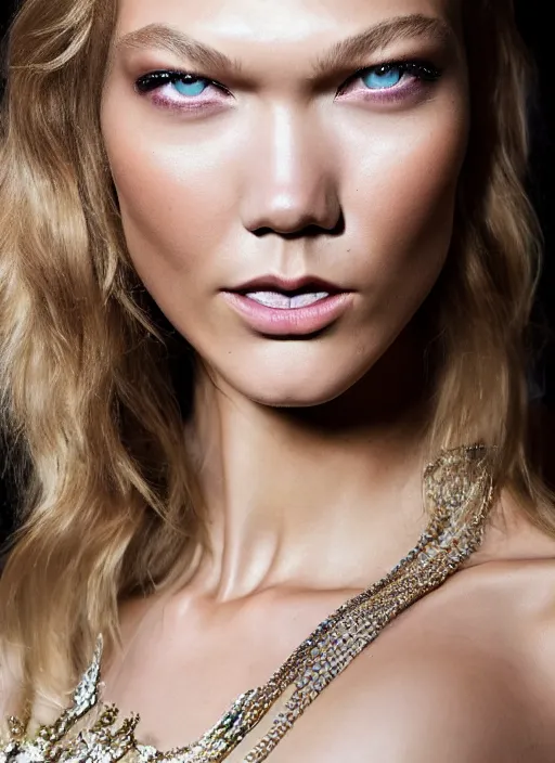 Prompt: A beautiful portrait of Karlie Kloss as a model at Chanel fashion show Paris Spring/Summer 2018, highly detailed, in the style of cinematic, fashionweek backstage, makeup by Pat Mcgrath, shot by Greg rutkowski