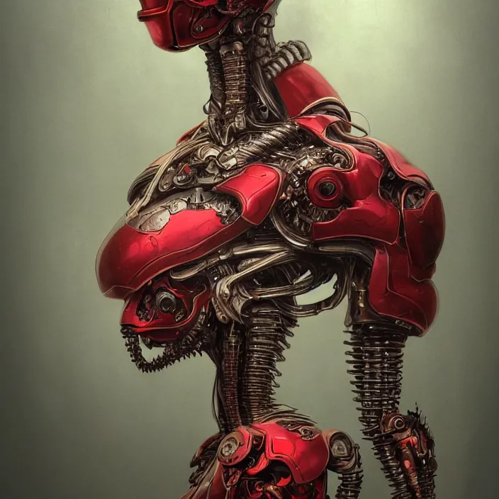 Prompt: in the art style of H.R. Giger,a portrait of a ruby Ultron from Age of Ultron, clockwork steampunk, isometric art style, head and chest only, by Beksinski, 4k, deviantart, trending on artstation