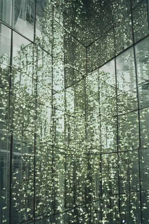 Image similar to Medium Format Portrait Photo of a modern architectural interior made of mirrors with many beautiful plants and flowers. award winning, highly detailed, depth of field, Cinestill 800t, wide shot, photo print.