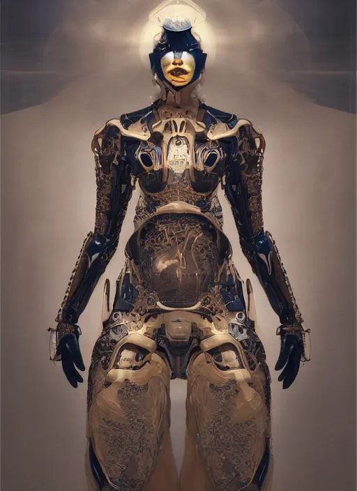 Image similar to portrait of a futuristic geisha cyborg, ex machina, goddess of hellfire, kintsugi, modern fine art, fractal, intricate, elegant, highly detailed, digital photography, subsurface scandering, by jheronimus bosch and greg rutkowski,