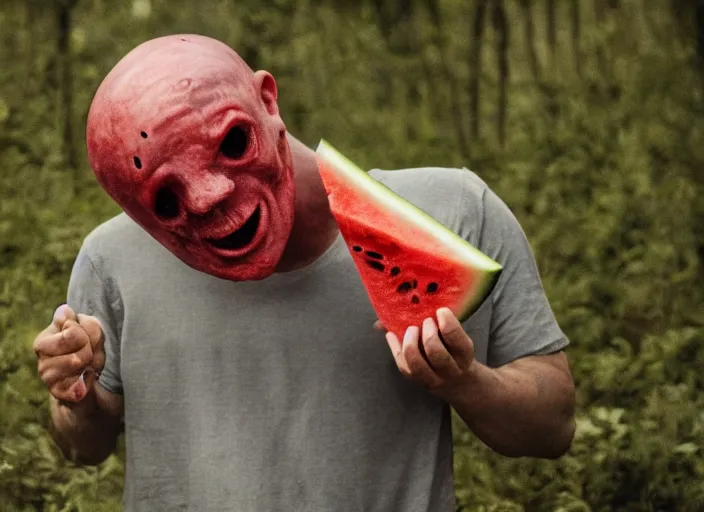 Image similar to film still of a man with a watermelon for a head in the new horror movie, 4 k