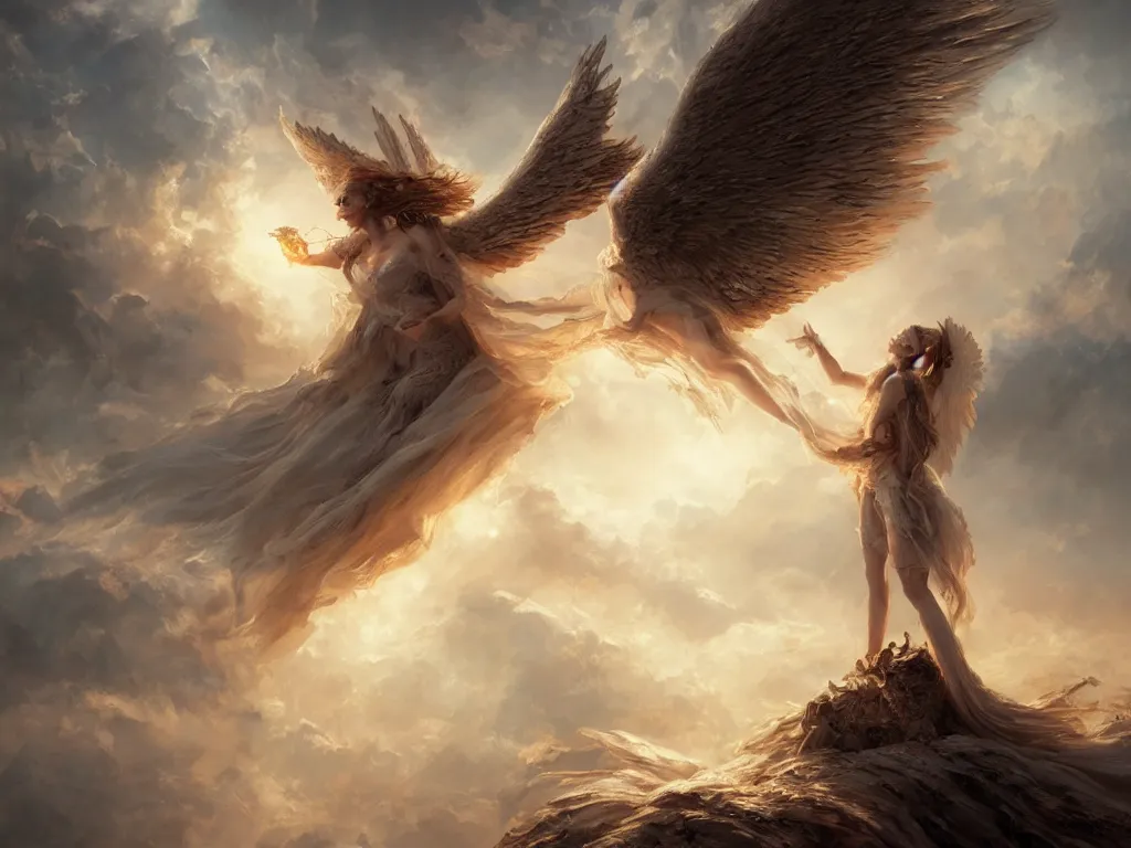 Image similar to angel carries a burning man in the clouds, fantasy art, award winning, dark fantasy, fantasy magic, intricate, elegant, sharp focus, cinematic lighting, highly detailed, digital painting, concept art, art by wlop and artgerm and greg rutkowski, masterpiece, trending on artstation, 8 k