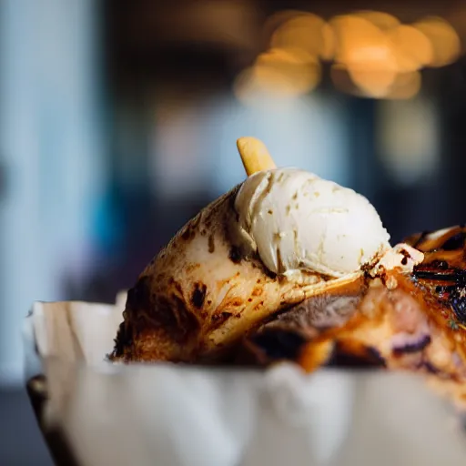 Image similar to a photograph of an ice cream cone growing out of a roast turkey like a mushroom. Shallow depth-of-field