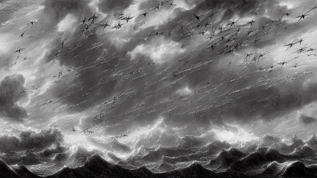 Prompt: drawing of many ornithopters flying above a stormy ocean, by gustave dore, nineteenth century, black and white, vintage, science fiction, epic composition, dramatic lighting, highly detailed, cinematic