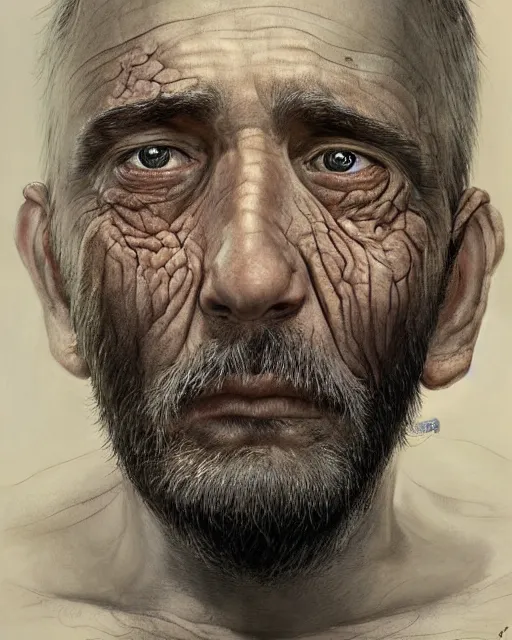 Image similar to portrait of a 5 year old child, with old wrinkly skin and a scruffy beard, very detailed eyes, hyperrealistic, very detailed painting by Joao Ruas, by Artgerm