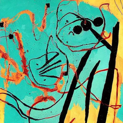 Prompt: “Coraline movie ‘other mother’ art noir, art deco, horror tones, 1950’s, solid coloured shapes, geometric, only form, no details, artists: Jackson Pollock teal palette, ”