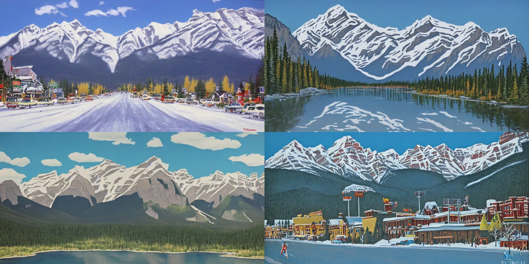 Prompt: banff, alberta painted by ted harrison, 1 9 8 0 s