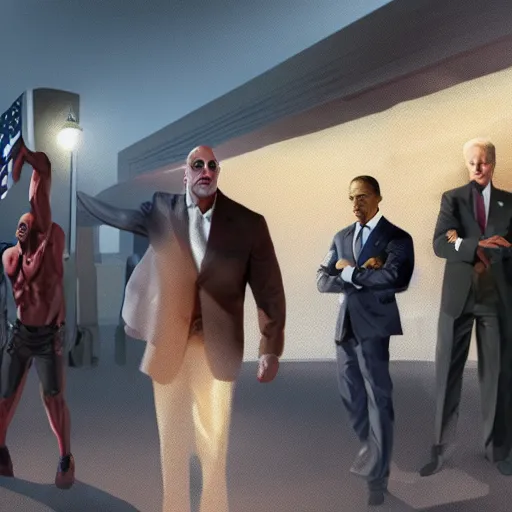 Prompt: dwayne the rock johnson robbing a 7 / 1 1 with joe biden and obama, cinematic, fantasy artwork, dyanic lighting, detailed, raytracing, realistic