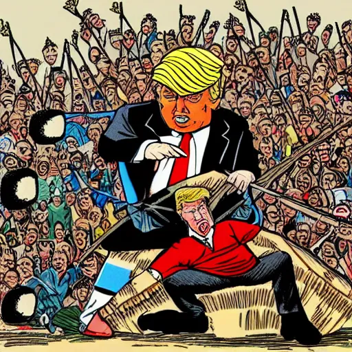 Prompt: political cartoon in color of trump cowering beneath a shield made of hundreds of tiny little people. the shield is being pelted by arrows. ( side view of trump in a squatting position holding the human shield )