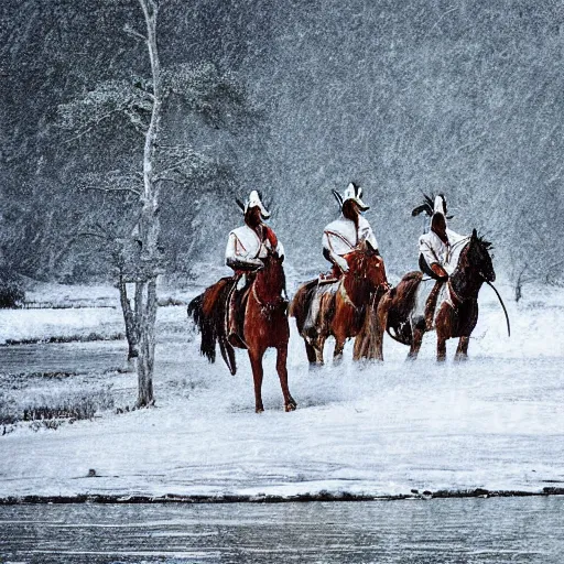 Prompt: digital art photograph savage plains indians on the warpath riding horses through a creek in a snow storm