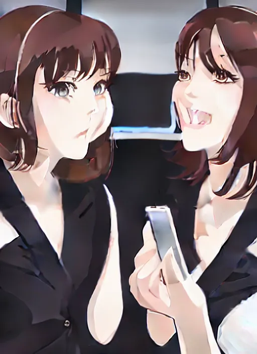 Image similar to a mirror selfie of two beautiful office ladies, gorgeous faces, thick lines, cinematic lighting, detailed anime art