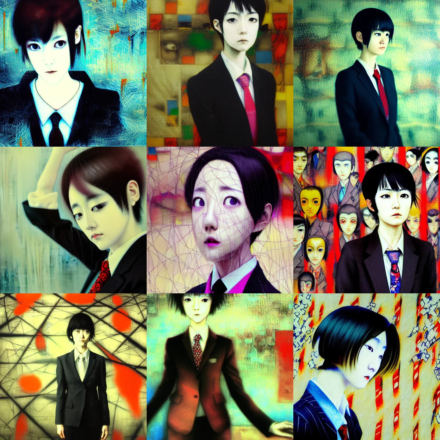 Image similar to yoshitaka amano blurred and dreamy realistic three quarter angle portrait of a young woman with short hair and black eyes wearing office suit with tie, junji ito abstract patterns in the background, satoshi kon anime, noisy film grain effect, highly detailed, renaissance oil painting, weird portrait angle, blurred lost edges