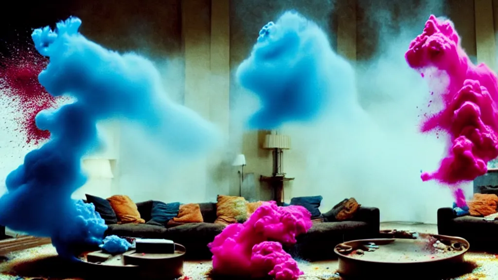 Image similar to colored powder explosion in the living room, film still from the movie directed by Denis Villeneuve with art direction by Salvador Dalí, wide lens