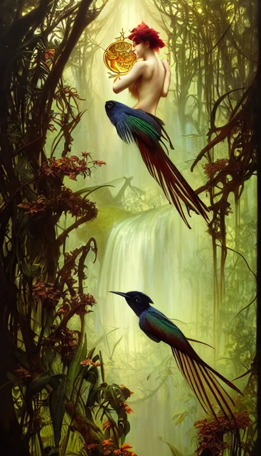 Prompt: consciousness concept art, lush forest, magic, gnarly details, paradise flycatcher, gold, gems, dramatic lighting, denoised, painted by tom bagshaw, alphonse mucha