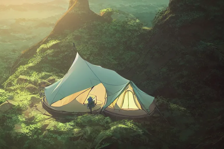 Image similar to A tent built on top of a very large mountain in the amazonian jungle, hanging veins, peaceful wide landscape, solarpunk, wide perspective, no humans, soft lighting, anime film still, by Makoto Shinkai and studio ghibli, cell shading, high details