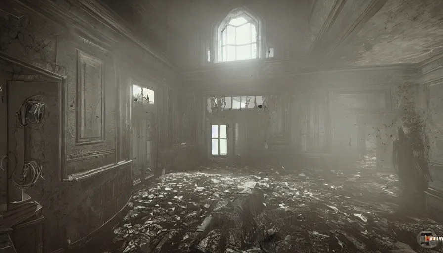 Prompt: fps view with shotgun, haunted manor, entrance hall, stairs, cobwebs, dust, dirt, broken windows, creepy, video game, ultra graphism, hyperdetailed, artstation, cgsociety, 8 k