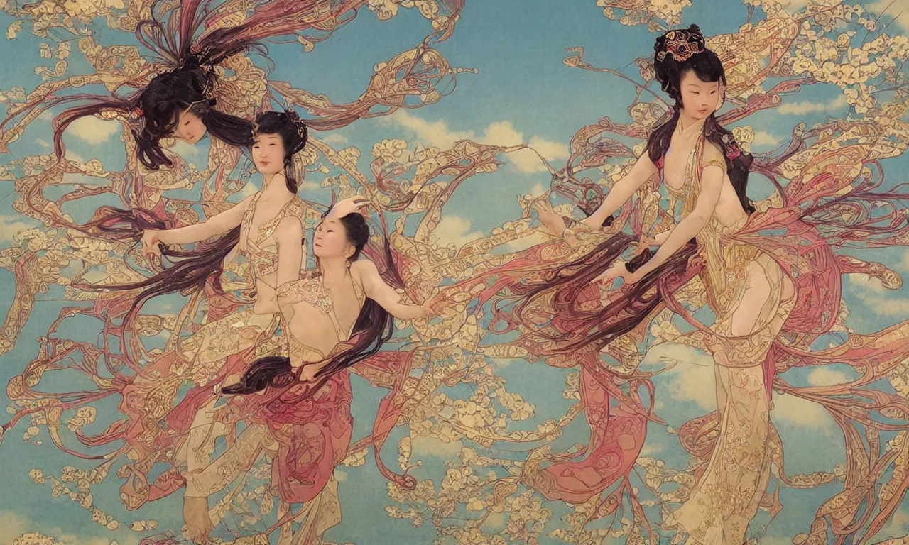 Image similar to a chinese princess dance in aerial, fairy, han dynasty, dunhuang style, mythology, ornate, silk, streamer, spinning in the sky, by stanley artgerm lau, greg rutkowski, victo ngai, alphonse mucha, loish, norman rockwell