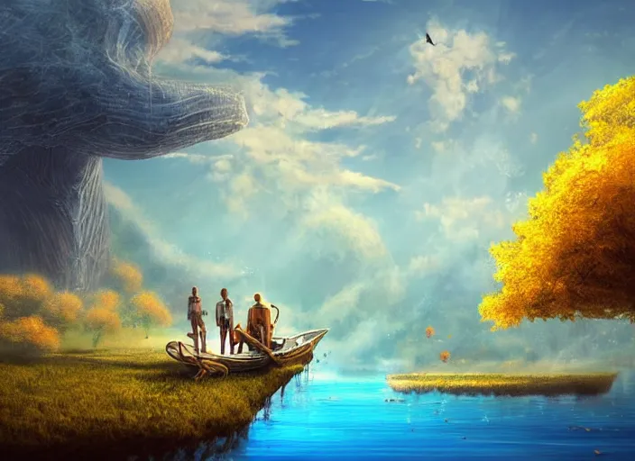 Prompt: epic fantasy landscape, floating islands with blue grass, golden trees, flying white whales, day time, by Cyril Aquasixio Rolando, Cyril Rolando,