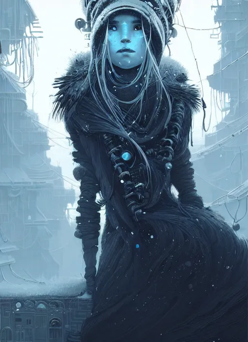 Image similar to highly detailed portrait of a frostpunk long blonde hair lady tribal lady, stray wiring by atey ghailan, james gilleard, by joe fenton, by greg rutkowski, by greg tocchini, by kaethe butcher, 4 k resolution, gradient blue, black and white color scheme!!! ( ( glaciated robotic dystopian city background ) )