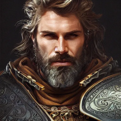 Image similar to portrait of a ruggedly handsome paladin, soft hair, muscular, half body, leather, hairy, d & d, fantasy, intricate, elegant, highly detailed, digital painting, artstation, concept art, smooth, sharp focus, illustration, art by artgerm and greg rutkowski and alphonse mucha