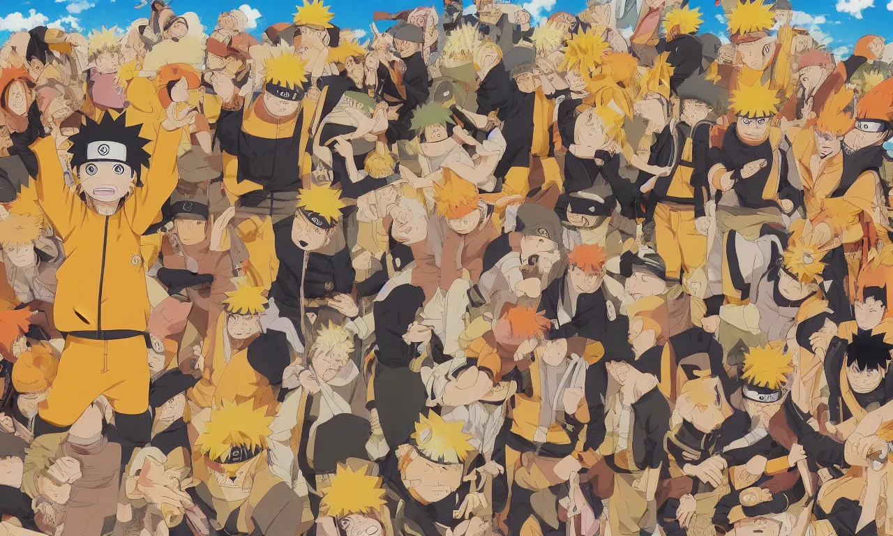 Prompt: a color manga illustration of naruto riding a enormous brown frog that is smoking a pipe in the middle of a busy tokyo intersection. naruto has yellow hair and orange clothes. the view is from ground level and wide angle. the mood is tense and exciting. brilliantly illustrated by masashi kishimoto in a very very well regarded style.
