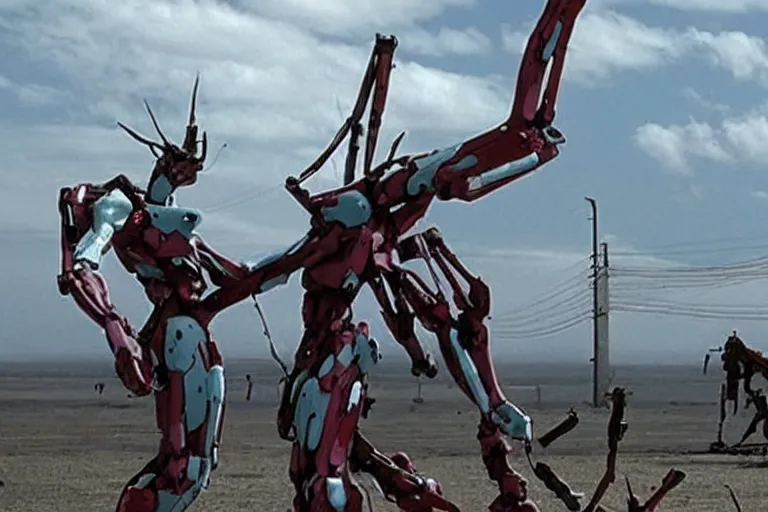 Prompt: evangelion unit 0 1 in a still from the movie district 9 ( 2 0 0 9 ) directed, by neill blomkamp