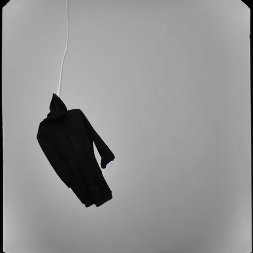 Image similar to shot of an empty hoodie hanging in the air in 80s, Polaroid photo, by Warhol