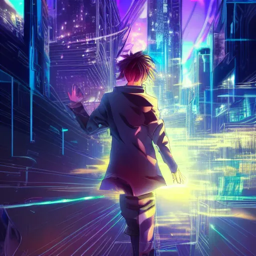 Prompt: manga cover of a shattered young prince, running to the horizon for a brand new start, golden rays of sunlight, purple, blue and pink colors, cyberpunk, horrific, anime, manga, dark vibes, matte painting