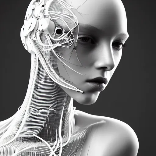 Image similar to closeup portrait of an absurdly beautiful, graceful, sophisticated, fashionable cyberpunk mechanoid gravure idol, an ultrafine hyperdetailed illustration by irakli nadar, matt wisniewski style, fashion photography, intricate linework, porcelain skin, jellyfish headdress, unreal engine 5 highly rendered, global illumination, radiant light, detailed and intricate environment