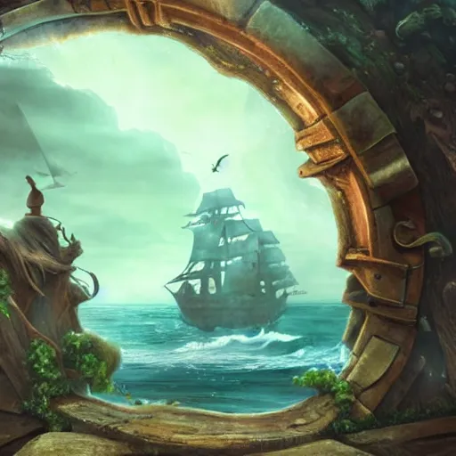 Prompt: / imagine prompt : massive tree, giant doorway, portal, door, doorway opens and it's a portal that shows pirate ships in the open ocean sea, bright skies, cinematic, epic, dramatic lighting from above, fantasy, dust, unreal engine, octane, highly detailed, concept art, dark, super realistic