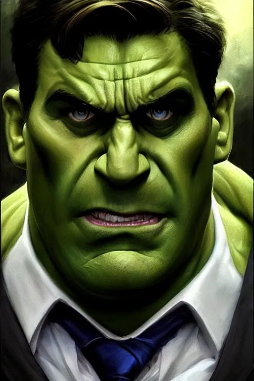 Image similar to Michael Scott as Hulk, Hulk costume, Michael Scott hairstyle, Hulk body type, Michael Scott Face, calm, grumpy, portrait, masculine figure, highly detailed, digital painting, artstation, concept art, smooth, sharp focus, illustration, cinematic lighting, art by artgerm and greg rutkowski and alphonse mucha