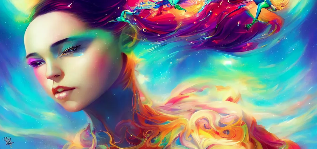 Prompt: beautiful, vibrant woman floating in space with rainbow hair and a relaxed expression,airbrushed, flowing gown and fabric, by Tristan Eaton Stanley Artgerm and Tom Bagshaw, Makoto Shinkai ilya kuvshinov and Wojtek Fus