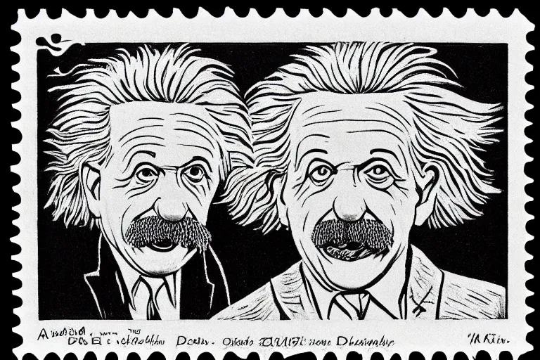 Image similar to goofy engraved portrait of albert einstein sticking tongue out, detailed!!! duotone engraving in the style of a postage stamp, freemason symbol, fine!!! lines, engraved by m. c. escher