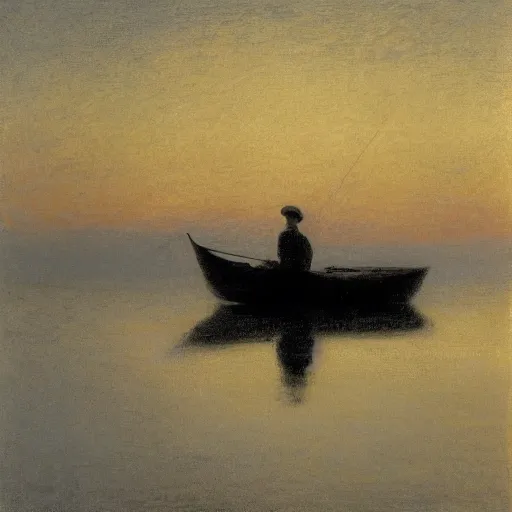 Image similar to silhouette of an old man fishing from a tiny boat at dawn, tonalism