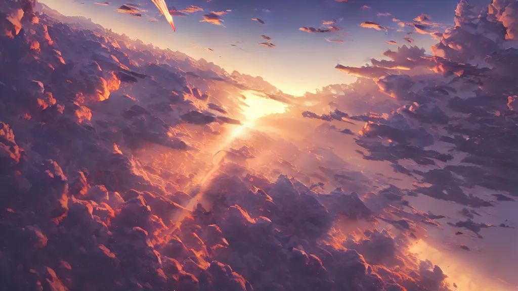 Image similar to highly detailed comic spread depicting an impactful action scene on the sky, high details, dynamic art by murata, moebius, makoto shinkai, craig mullins, digital painting, masterpiece, best selling, pixiv, volumetric lighting, realistic shaded lighting, 8 k, highly detailed render,