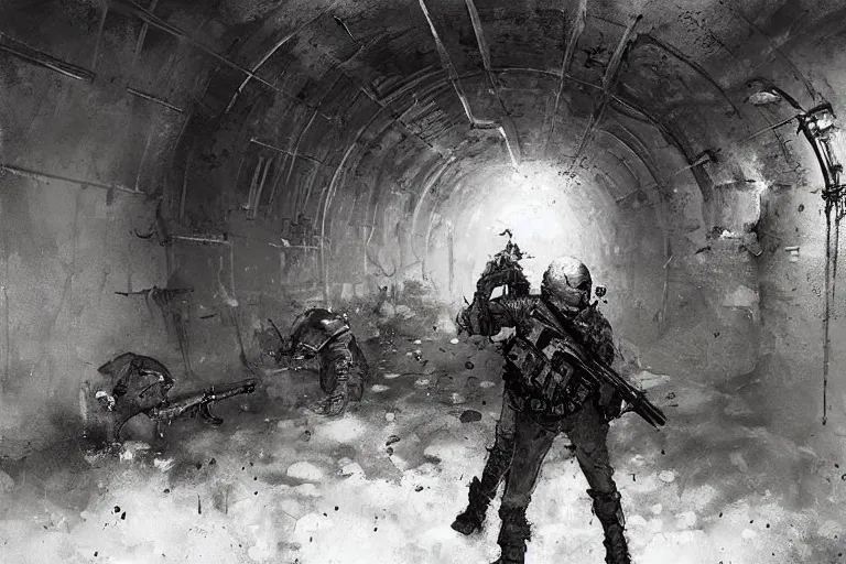 Image similar to Soviet heavy armed liquidator fights against mutant in industrial tunnels by jakub Różalski