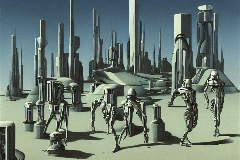 Image similar to cyborgs wander cybernetic architecture alien scifi landscape concept art by giorgio de chirico