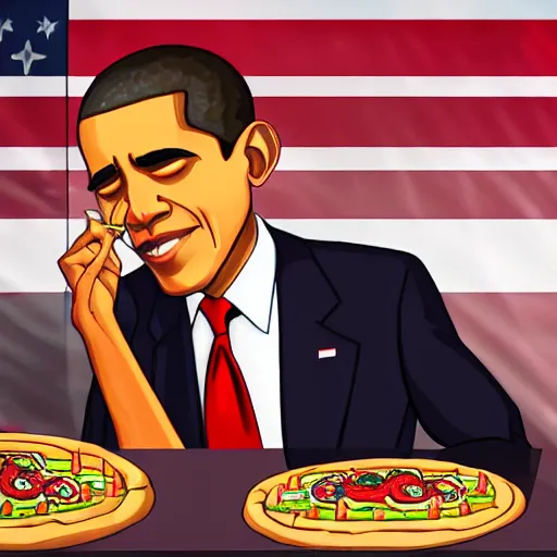 Prompt: a very sweaty Barack Obama eyeing a Chicago style pizza, pixiv