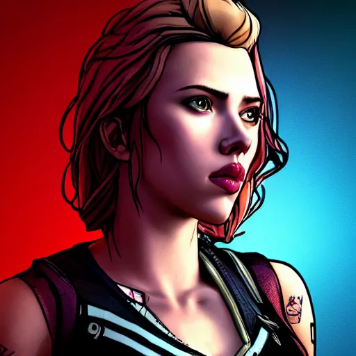 Image similar to scarlett johansson portrait, borderlands, tales from the borderlands, the wolf among us, comic, cinematic lighting, studio quality, 8 k