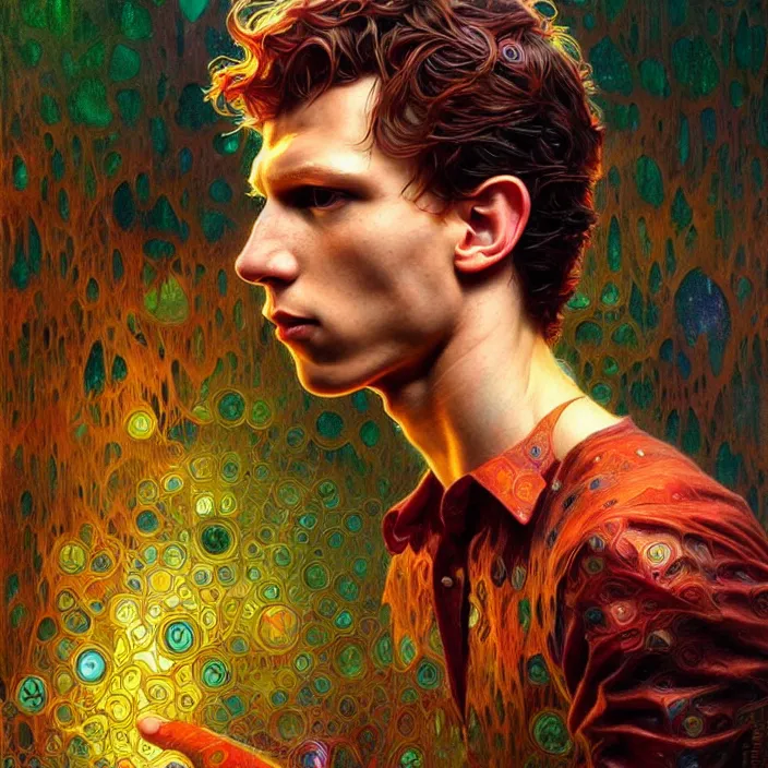 Image similar to psychedelic rainfall Tom Holland, diffuse lighting, fantasy, intricate, elegant, highly detailed, lifelike, photorealistic, digital painting, artstation, illustration, concept art, smooth, sharp focus, art by John Collier and Albert Aublet and Krenz Cushart and Artem Demura and Alphonse Mucha